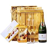 Geschenkset Nizza | Geschenkkorb gefüllt mit Sekt Brut Chardonnay, Lindt Pralinen & Holzkiste | Schokoladen Präsentkorb für Frauen & Männer zur Hochzeit, Geburtstag, Dankeschön